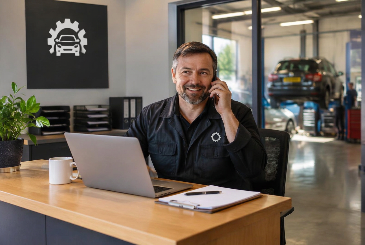 Garagehouder aan de telefoon achter de balie van zijn autobedrijf