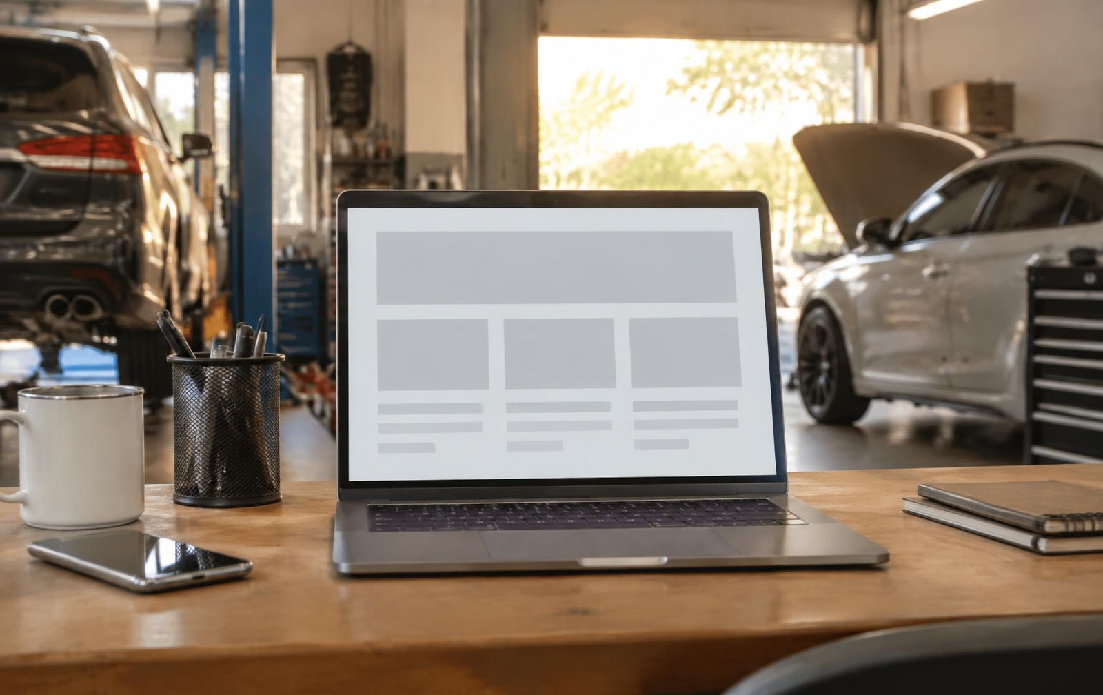 Laptop met een websiteontwerp op de werkbank van een autogarage