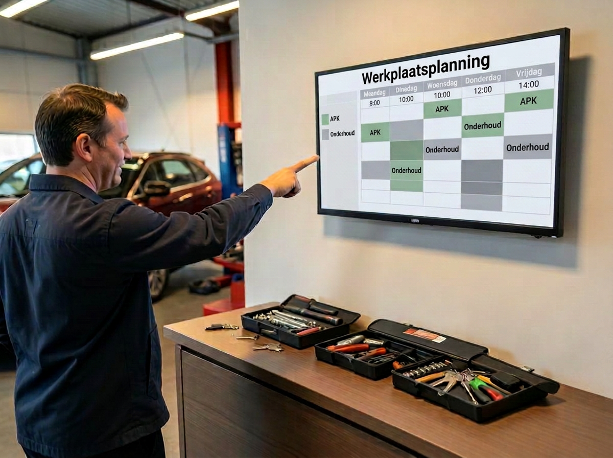 Monteur bekijkt de online onderhoudsplanner met beschikbare tijdsloten op een scherm in de werkplaats