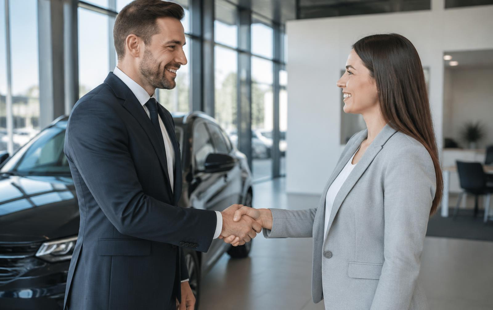 Twee ondernemers geven elkaar een hand in de showroom van een autobedrijf