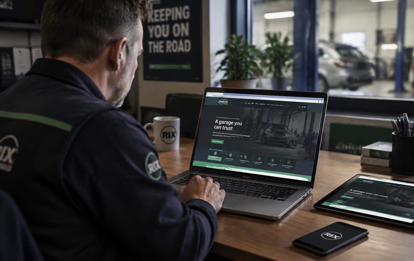 Garagehouder bekijkt de nieuwe website van zijn autobedrijf op een laptop