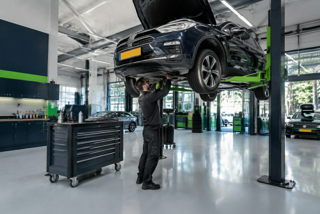 Moderne autogarage met een auto op de brug en een monteur aan het werk